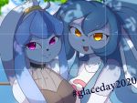 2020 4:3 accessory amber_eyes anthro awintermoose blue_body blue_hair choker clothed clothing cloud ears_tied_back eeveelution female flurry_(character) glaceon group group_picture hair hair_accessory hi_res jewelry leaf long_ears long_hair looking_at_viewer necklace nintendo open_mouth outside pok&eacute;mon pok&eacute;mon_(species) ponytail purple_eyes selfie sky smile snowcone_(awintermoose) text video_games 