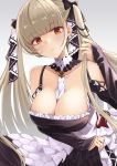  1girl azur_lane bangs bare_shoulders black_bow black_dress blunt_bangs blush bow breasts brown_hair cleavage closed_mouth collarbone detached_collar dress expressionless formidable_(azur_lane) frilled_dress frills hair_bow highres large_breasts long_hair long_sleeves looking_at_viewer orange_eyes shoulder_cutout skirt_hold sleeves_past_wrists solo twintails underbust very_long_hair wee_(weeyy) 