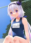  .live 1girl blush breasts carro_pino commentary_request fence hair_ornament hairband highres lavender_hair long_hair looking_at_viewer low_twintails open_mouth purple_eyes school_swimsuit sitting sky small_breasts solo swimsuit tipo_(tipoplaza) twintails virtual_youtuber 