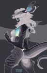  2020 alien anthro areola breasts digital_media_(artwork) female feral ferragon fur genitals grey_body grey_fur hair hi_res hybrid mane multi_breast nipples nude pussy smooshkin solo standing white_hair 