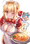  2girls ahoge apron blonde_hair bow breasts cleavage_cutout dress fate/grand_order fate_(series) food green_eyes hand_on_hip heart heart_hands large_breasts maid maid_apron maid_headdress multicolored_hair multiple_girls nero_claudius_(fate) nero_claudius_(fate)_(all) omurice sei_shounagon_(fate) smile tray twitter_username yayoi_maka 