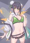  1girl bangs bare_shoulders bikini black_shorts blush breasts bun_cover chainsaw_of_the_dead cleavage double_bun fate/grand_order fate_(series) green_bikini green_eyes green_ribbon hair_between_eyes jacket kopaka_(karda_nui) large_breasts long_sleeves looking_at_viewer micro_shorts navel off_shoulder open_clothes open_jacket qin_liangyu_(fate) ribbon shorts sidelocks swimsuit thighs white_jacket 