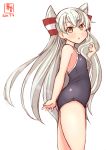  1girl amatsukaze_(kantai_collection) artist_logo black_swimsuit brown_eyes commentary_request competition_school_swimsuit cowboy_shot dated hair_tubes highres kanon_(kurogane_knights) kantai_collection long_hair looking_at_viewer school_swimsuit silver_hair simple_background solo swimsuit two_side_up white_background windsock 