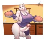  2020 anthro apron apron_only balls big_breasts boss_monster bovid breasts caprine clothed clothing crossgender digital_media_(artwork) erection food freckles_(artist) ftg_crossgender fti_crossgender genitals gynomorph handwear holding_food holding_object horn humanoid_genitalia humanoid_penis inside intersex kitchen long_ears looking_at_viewer mammal mostly_nude nipple_outline one_eye_closed oven_mitts penis pie red_eyes signature smile solo toriel undertale video_games wink 