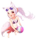  1girl :3 absurdres animal_ear_fluff animal_ears ball barefoot beachball bikini black_bikini breasts denchisoft eyebrows eyewear_on_head facial_mark fang forehead foreshortening fox_ears fox_girl fox_tail from_above highres holding long_hair looking_up navel open_mouth ponytail red_eyes red_sarong sarong scrunchie sewayaki_kitsune_no_senko-san shiro_(sewayaki_kitsune_no_senko-san) simple_background small_breasts smile solo sunglasses swimsuit tail toes very_long_hair white_background white_hair 