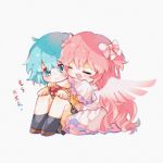  2girls arms_around_neck black_legwear black_skirt blue_eyes blue_hair brown_footwear chibi clenched_hands closed_eyes closed_mouth dress facing_viewer flat_chest grey_background hair_between_eyes hair_ribbon hands_on_own_knees highres hug kaname_madoka kneehighs knees_apart_feet_together light_blush long_hair long_sleeves looking_at_another looking_to_the_side mahou_shoujo_madoka_magica miki_sayaka mitakihara_school_uniform multiple_girls neck_ribbon no_nose on_floor open_mouth pink_hair pink_legwear pink_wings plaid plaid_skirt red_ribbon ribbon school_uniform shoes short_hair side-by-side simple_background sitting skirt smile tearing_up two_side_up ultimate_madoka very_long_hair wavy_hair white_dress white_ribbon wide_sleeves wings xixizi_kiko 