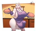  2020 anthro apron apron_only balls big_breasts boss_monster bovid breasts caprine clothed clothing crossgender digital_media_(artwork) erection erection_under_clothing food freckles_(artist) ftg_crossgender fti_crossgender genitals gynomorph handwear holding_food holding_object horn humanoid_genitalia humanoid_penis inside intersex kitchen long_ears looking_at_viewer mammal mostly_nude nipple_outline oven_mitts penis pie red_eyes signature smile solo toriel undertale video_games 
