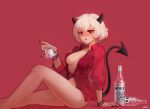  1girl :o absurdres alcohol arm_support bangs bare_legs black_horns black_nails blush bottle bottomless bracelet breasts cleavage collarbone collared_shirt commentary_request cup demon_girl demon_horns demon_tail dress_shirt feet_out_of_frame from_side helltaker highres holding holding_cup horns ice ice_cube jewelry joker.z knee_up looking_at_viewer malina_(helltaker) medium_breasts naked_shirt navel no_bra open_clothes open_mouth partially_unbuttoned red_background red_eyes red_shirt shirt short_hair simple_background sitting solo sweat tail 
