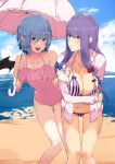  2girls ass_visible_through_thighs asuzemu bangs bare_shoulders beach bikini blue_hair blue_ribbon blue_sky blunt_bangs breasts cloud collarbone commentary_request day eyebrows_visible_through_hair flat_chest frilled_swimsuit frills hair_ribbon jacket jacket_over_swimsuit knees_together_feet_apart large_breasts long_hair looking_at_another multiple_girls ocean one-piece_swimsuit open_mouth outdoors parasol patchouli_knowledge pink_jacket pink_swimsuit purple_eyes purple_hair red_eyes red_ribbon remilia_scarlet ribbon sand short_hair sidelocks sky smile standing striped striped_swimsuit sunlight swimsuit thigh_gap touhou umbrella 