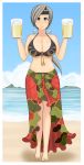  alcohol beach beer bikini blue_sky breasts camouflage chibiosaka chitose_(kantai_collection) grey_eyes grey_hair hair_ribbon headband highres huge_breasts island kantai_collection long_hair ocean ribbon sand sarong sky smile swimsuit tassel 