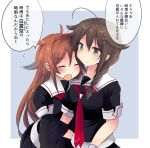  2girls ahoge asymmetrical_clothes black_hair black_serafuku blue_eyes border braid brown_hair closed_eyes commentary_request cowboy_shot grey_background hair_flaps hair_ornament hair_over_shoulder hairband highres hirune_(konekonelkk) kantai_collection long_hair multiple_girls neckerchief red_hairband red_neckwear remodel_(kantai_collection) school_uniform serafuku shigure_(kantai_collection) shiratsuyu_(kantai_collection) single_braid two-tone_background white_border 