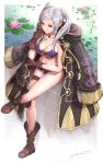  1girl bikini boots breasts brown_footwear brown_gloves cleavage coat coat_on_shoulders crossed_legs fire_emblem fire_emblem_awakening fire_emblem_heroes gloves gonzarez highres jewelry lily_pad navel necklace robin_(fire_emblem) robin_(fire_emblem)_(female) silver_hair sitting solo stomach swimsuit thigh_strap twintails water 