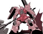  axe clenched_hands glowing glowing_eye gundam holding holding_axe king_of_unlucky looking_to_the_side mecha mobile_suit_gundam no_humans one-eyed oobari_masami_(style) parody pink_eyes solo style_parody white_background zaku_ii_s_char_custom zeon 