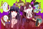  2girls asagami_fujino blood bloody_knife brown_hair couch fate/grand_order fate_(series) ghost highres kimidori_(haruzionmitaka) knife long_hair mask multiple_girls murasaki_shikibu_(fate) purple_eyes purple_hair red_eyes sparkle sweatdrop television the_ring watching_television zombie 