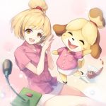  1:1 2020 alternate_species animal_crossing anthro beverage blonde_hair blush canid canine clothing cup duo eyes_closed female floppy_ears hair human humanized isabelle_(animal_crossing) kurou_sagi mammal nintendo open_mouth open_smile smile square_crossover tongue video_games yellow_eyes 