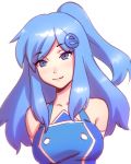  1girl :3 arms_behind_back bangs blue_dress blue_eyes blue_hair collarbone dress elbow_gloves eyebrows_visible_through_hair eyelashes gloves hair_ornament halterneck highres ilya_kuvshinov internet_explorer internet_explorer_(merryweather) internet_explorer_(webcomic) looking_at_viewer ponytail shiny shiny_hair simple_background solo white_gloves 