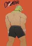  1boy ass back bara boxers butt_crack caiman copyright_name cowboy_shot dorohedoro from_behind looking_back male_focus muscle open_mouth pinkblood shirtless smile solo spikes toned toned_male underwear 