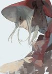  1girl ascot bangs black_ribbon bloodborne bonnet expressionless face from_below from_side grey_background grey_eyes grey_hair plain_doll profile ribbon short_hair simple_background solo syokuuuuuuuuumura 