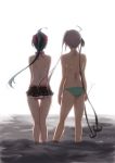  2girls ahoge akitsushima_(kantai_collection) anchor_hair_ornament ass backlighting bikini bikini_skirt black_bikini black_hair blue_bikini commentary_request from_behind full_body grey_hair hair_ornament hair_ribbon halterneck hazuki_futahi holding holding_stick irako_(kantai_collection) kantai_collection long_hair looking_away multiple_girls ponytail ribbon side_ponytail sidelocks simple_background soaking_feet standing stick swimsuit thigh_gap water white_background 