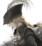  1girl absurdres bangs blonde_hair bloodborne breasts brown_headwear collared_cloak commentary_request cravat expressionless from_side green_eyes grey_background hair_ornament hat hat_feather highres lady_maria_of_the_astral_clocktower long_hair long_sleeves medium_breasts ponytail shimoda_masaya solo tricorne two-tone_background upper_body white_background 