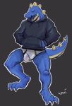  anthro black_clothing black_hoodie black_topwear blue_body blue_scales blue_tail bulge clothed clothing crocodile crocodilian crocodylid genital_outline genitals hands_in_pockets hi_res hoodie male multicolored_clothing multicolored_underwear open_mouth penis penis_outline pockets reptile scales scalie simple_background solo topwear two_tone_clothing two_tone_underwear underwear wani_(wani_panic) wani_panic 