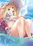  1girl :d abigail_williams_(swimsuit_foreigner)_(fate) absurdres arms_up bangs bare_arms bare_legs bare_shoulders barefoot bikini blonde_hair blue_eyes blue_sky blush bonnet bow cloud commentary_request day fate/grand_order fate_(series) flat_chest foot_out_of_frame forehead hair_bow hands_on_headwear highres long_hair looking_at_viewer navel open_mouth orange_bow outdoors parted_bangs piliheros2000 sidelocks sky smile solo swimsuit thighs very_long_hair water white_bikini white_bow white_headwear 