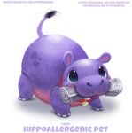  ambiguous_gender black_hair blue_eyes collar common_hippopotamus cryptid-creations english_text feral hair hippopotamid mammal motion_lines newspaper pink_body play_bow_pose purple_body simple_background solo tailwag teeth text url white_background 
