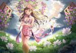  1girl :d absurdres bangs bare_legs black_panties breasts brown_hair china_dress chinese_clothes cleavage cleavage_cutout cloud cloudy_sky collarbone dress eyebrows_visible_through_hair fish flower green_eyes hair_flower hair_ornament highres holding holding_umbrella ken-san koi leaf long_hair lotus medium_breasts mountain mountainous_horizon open_mouth oriental_umbrella original outdoors panties pink_dress rain rainbow rock side-tie_panties signature sky smile standing umbrella underwear upper_teeth 