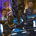 2boys 3girls animal_ears azusa_tanaka battle beard black_hair black_panther black_panther_(film) black_panther_(marvel) bodysuit breasts cat_ears character_request claws dark_skin dark_skinned_male duel facial_hair fighting holding holding_jewelry holding_necklace jewelry killmonger marvel medium_breasts multiple_boys multiple_girls necklace panther superhero t&#039;challa very_dark_skin 