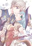  1boy 1girl atelier_(series) blue_hair bracelet cover gem green_eyes hat highres jewelry long_sleeves lotus_mcgregor nelke_to_densetsu_no_renkinjutsushi_tachi nelke_von_luchetam purple_eyes shion_(zero.) short_hair side_ponytail silver_hair sweatdrop translation_request 