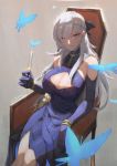  1girl alcohol azur_lane bangs bare_shoulders belfast_(azur_lane) belfast_(the_noble_attendant)_(azur_lane) blue_butterfly blue_dress blue_gloves bracelet braid breasts chain chair champagne champagne_flute chilakkk cleavage cleavage_cutout closed_mouth cup dress drinking_glass elbow_gloves french_braid gloves gold_chain hair_ornament highres jewelry large_breasts long_hair looking_at_viewer purple_eyes silver_hair sitting smile 