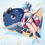  1girl absurdres arthur_ko bikini blue_hair dixie_cup_hat double_bun flat_chest full_body hat highres holding holding_mop huge_filesize kantai_collection lifebuoy little_blue_whale_(kantai_collection) military_hat mop navel official_alternate_costume samuel_b._roberts_(kantai_collection) short_hair solo striped striped_bikini swimsuit whale white_bikini white_headwear yellow_eyes 