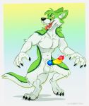  absurd_res anthro ball_markings balls black_body black_claws black_fur black_nose bodily_fluids canid canine claws clothing digital_media_(artwork) digitigrade emufur erection fangs fidget_the_fox fox fur genital_fluids genital_markings genitals green_body green_fur hair hi_res inner_ear_fluff knot lgbt_pride male mammal markings multicolored_eyes multicolored_penis nude open_mouth pawpads paws penis pink_pawpads pride_colors rainbow rainbow_eyes rainbow_penis red_tongue simple_background smile solo teeth toes tongue tuft were werecanid werecanine werefox white_body white_fur wilde95 