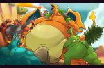  2020 ambiguous_gender anthro belly big_belly breath_of_the_wild breath_powers charizard dragon elemental_manipulation fire fire_breathing fire_manipulation group hi_res incineroar kass_(tloz) letterbox male morbidly_obese nintendo obese outside overweight overweight_ambiguous pok&eacute;mon pok&eacute;mon_(species) rillaboom sceptile standing steen the_legend_of_zelda video_games 