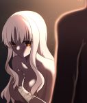  1boy 1girl bandaged_wrist bangs blurry_foreground brown_eyes caren_hortensia collarbone exa_(koyuru) eyebrows_visible_through_hair fate/hollow_ataraxia fate_(series) hair_between_eyes hair_over_breasts highres long_hair looking_at_viewer nude parted_lips silver_hair straight_hair very_long_hair 