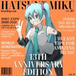  1girl anniversary barcode black_legwear breasts commentary cover detached_sleeves english_commentary english_text fake_magazine_cover green_eyes green_hair grey_shirt hair_between_eyes hatsune_miku leaning_forward long_hair magazine_cover magister_(medical_whiskey) necktie orange_background shirt shoulder_tattoo sleeveless sleeveless_shirt small_breasts solo tattoo thighhighs twintails v very_long_hair vocaloid zettai_ryouiki 