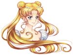  1girl 2019 bishoujo_senshi_sailor_moon blonde_hair blue_eyes breasts cleavage closed_mouth collarbone cropped_arms cropped_torso dated double_bun earrings elena_ivlyushkina floating_hair hair_intakes hair_ornament jewelry long_hair medium_breasts portrait princess_serenity shiny shiny_hair signature smile solo twintails very_long_hair 