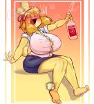  2020 5_fingers alcohol animal_crossing anthro barefoot beverage big_breasts blonde_hair blush bottomwear breasts canid canine canis cleavage clothed clothing domestic_dog dress_shirt drunk female fingers floppy_ears fur hair holding_beverage holding_object huge_breasts isabelle_(animal_crossing) laugh mammal nintendo open_mouth shih_tzu shirt sitting skirt smile solo spiral_eyes substance_intoxication text tight_clothing tongue topwear toy_dog video_games yellow_body yellow_fur ze_blackball.d 