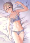  1girl absurdres arm_up armpits bangs bare_arms bare_legs bed bed_sheet black_eyes blush bow bow_bra bow_panties bra breasts cleavage collarbone embarrassed floral_print frilled_bra frills from_above grey_hair groin hair_between_eyes highres idolmaster idolmaster_cinderella_girls lavender_bra lavender_panties looking_at_viewer lying medium_breasts navel on_back on_bed panties petals pillow shiomi_shuuko short_hair signature sleeveless solo sunlight t.r underwear underwear_only 