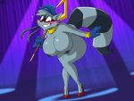  anthro big_breasts big_butt blush bodily_fluids breasts butt cane clothing crossgender curvy_figure dracojeff embarrassed female footwear fur gloves grey_body grey_fur hair handwear high_heels huge_breasts mammal mask mostly_nude mtf_crossgender nipples procyonid raccoon ringtail shoes sly_cooper sly_cooper_(series) solo sony_corporation sony_interactive_entertainment sucker_punch_productions sweat video_games voluptuous wide_hips 