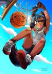  anthro ball basketball_(ball) bottomwear brand_new_animal clothed clothing female low-angle_view mammal one_eye_closed procyonid raccoon shorts solo stalkingp studio_trigger tongue wink 