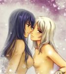  2girls 428 alphard blue_hair breast_press breasts brown_eyes canaan canaan_(character) couple elena_ivlyushkina head_tilt highres imminent_kiss long_hair looking_at_another looking_at_viewer medium_breasts multiple_girls nipples nude parted_lips shiny shiny_hair silver_hair straight_hair symmetrical_docking upper_body yuri 