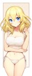  1girl bangs bikini blonde_hair blue_eyes blush border breasts brown_border cleavage closed_mouth commentary cowboy_shot frilled_bikini frills girls_und_panzer gradient gradient_background hand_in_hair hand_on_own_elbow knit_bikini light_frown looking_at_viewer medium_breasts medium_hair messy_hair navel oshida_(girls_und_panzer) outside_border side-tie_bikini solo standing string_bikini swimsuit tan3charge tan_background white_bikini 