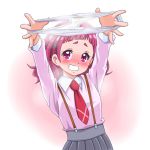  1girl bangs blunt_bangs blush collared_shirt embarrassed grey_skirt grin h26r hair_ornament holding holding_clothes holding_panties holding_underwear hugtto!_precure long_hair long_sleeves necktie nono_hana panties pink_shirt pleated_skirt precure presenting_panties red_eyes red_hair red_neckwear school_uniform shiny shiny_hair shirt skirt smile solo standing suspender_skirt suspenders underwear white_background white_panties wing_collar x_hair_ornament 