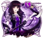  1girl armor bishoujo_senshi_sailor_moon black_gloves braid brown_hair earrings elena_ivlyushkina floating_hair gloves hair_tubes holding holding_polearm holding_weapon jewelry long_hair looking_at_viewer parted_lips polearm purple_eyes sailor_saturn shiny shiny_hair shoulder_armor solo standing upper_body weapon 