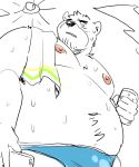  2020 anthro belly bodily_fluids clothing hi_res kemono male mammal moobs nipples overweight overweight_anthro overweight_male rampie solo sun sweat swimwear towel ursid 