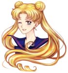  1girl ;d bishoujo_senshi_sailor_moon blonde_hair blue_sailor_collar collared_shirt cropped_arms cropped_torso double_bun earrings elena_ivlyushkina floating_hair hair_intakes jewelry long_hair one_eye_closed open_mouth portrait sailor_collar sailor_moon sailor_shirt shiny shiny_hair shirt smile solo twintails very_long_hair 