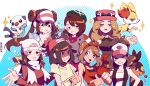  absurdres bandana bangs baseball_cap beanie blue_eyes bow brown_hair cardigan dawn_(pokemon) double_bun fennekin gen_3_pokemon gen_4_pokemon gen_5_pokemon gen_6_pokemon gen_8_pokemon gloria_(pokemon) green_headwear grey_cardigan hat high_ponytail highres hilda_(pokemon) long_hair long_sleeves may_(pokemon) multiple_girls open_mouth pink_bow piplup pokemon pokemon_(creature) pokemon_(game) pokemon_bw pokemon_bw2 pokemon_oras pokemon_sm pokemon_swsh pokemon_xy poketch ponytail raglan_sleeves rosa_(pokemon) serena_(pokemon) sheery_sbox short_hair sleeveless_duster sobble sunglasses sweat tam_o&#039;_shanter tepig turn_pale twintails very_long_hair visor_cap watch winter_clothes wristwatch 