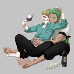  2boys alcohol blonde_hair bottle chest couple full_body green_hair hair_over_one_eye hand_on_another&#039;s_head hand_under_clothes highres male_focus multiple_boys muscle one_piece pants pinattsu roronoa_zoro sanji short_hair toned toned_male undressing_another wine yaoi 