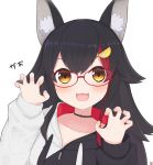  1girl :3 :d absurdres animal_ear_fluff animal_ears bangs black_choker black_hair choker claw_pose fingernails fingers glasses hair_between_eyes highres hololive jacket looking_at_viewer multicolored_hair nanamiya_natsumi onomatopoeia ookami_mio open_mouth red-framed_eyewear signature simple_background smile solo streaked_hair upper_body virtual_youtuber white_background wolf_ears wolf_girl 